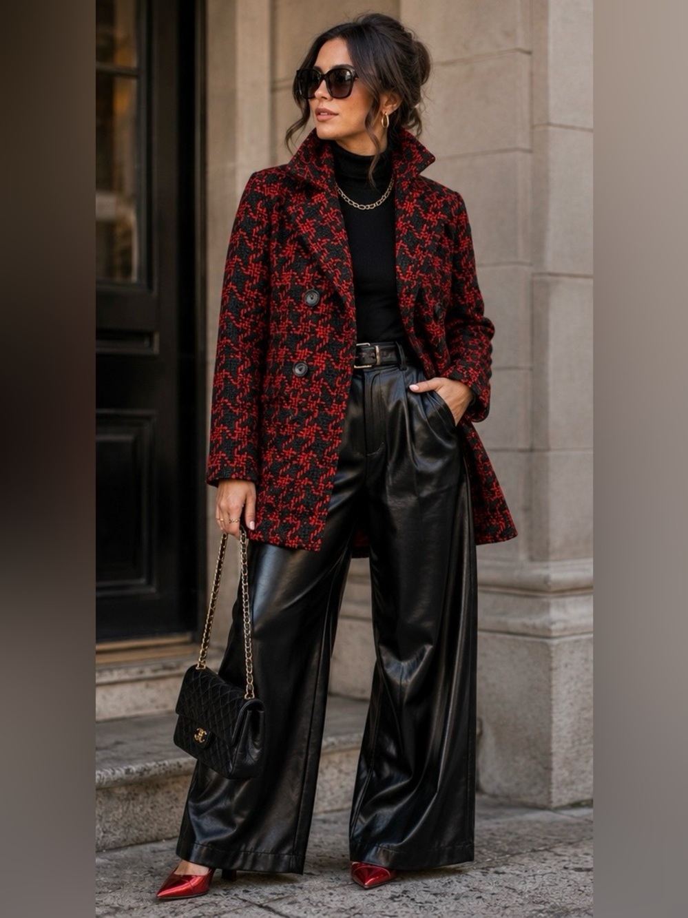 Etcetera Red and Black Houndstooth Double-Breasted Wool Peacoat size 4